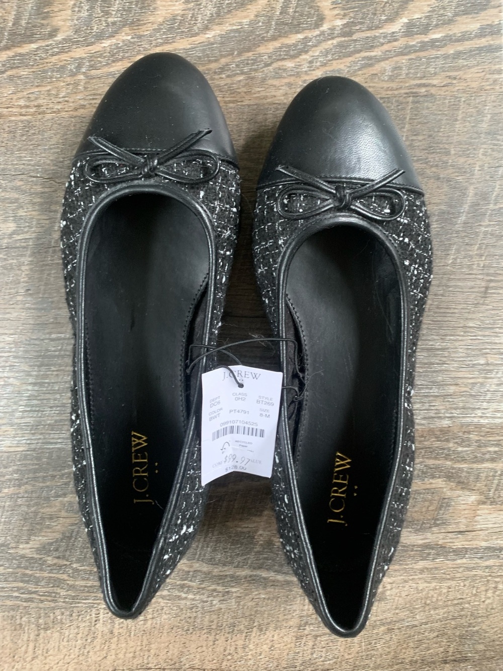 J. Crew Black Tweed and Leather Cap-Toe Ballet Flats